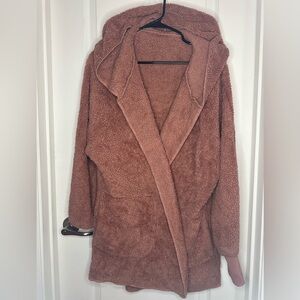 Large rust plush oversized open front draped hooded cardigan coat